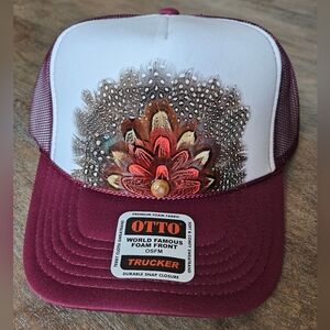 NWT Maroon Custom OTTO Maroon and White With Feather Crown Trucker Hat